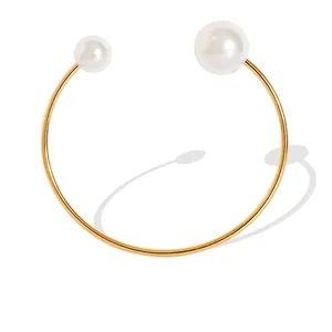 Minimalist Asymmetric Double Artificial Pearl Open Cuff Bangle Titanium Steel 18K Gold Plated Retro Elegant Bracelet For Women
