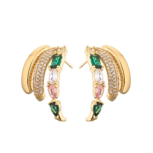 Three-layer C-shaped stud earrings with colorful gemstones and pavé crystals in gold