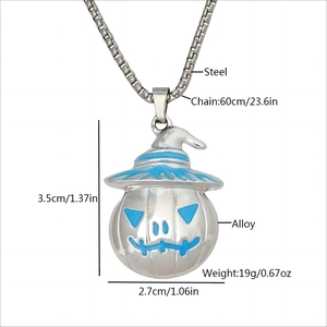 Luminous Halloween pumpkin ghost necklace with wizard hat on a 60cm stainless steel chain