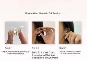 Three-step guide for wearing pearl clip-on earrings with mosquito coil metal design