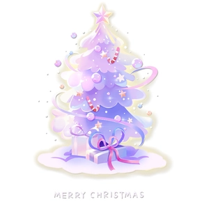 Purple dream Christmas tree window sticker with glowing stars and gift boxes for shop decor