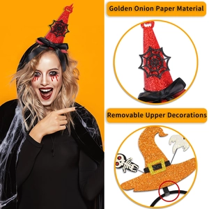 Halloween witch hat headband set with glitter finish and removable decorations