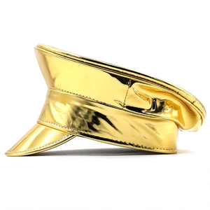 Side view of metallic gold flat top captain hat with reflective glossy finish texture
