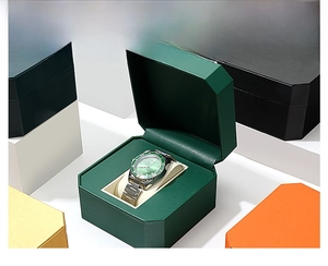 Octagonal PU leather watch box featuring soft velvet lining and clamshell design