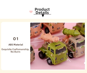 Detail of ABS plastic military toy truck with movable missile launcher and army decals