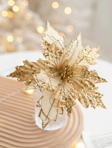 Detail of 20cm champagne gold sequin Christmas flower with velvet texture for tree decor