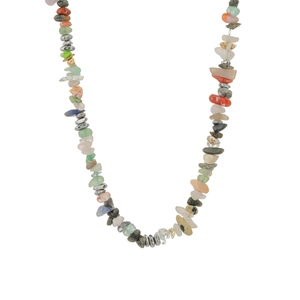 Retro multi-color irregular stone necklace with metal beads on a clean white background