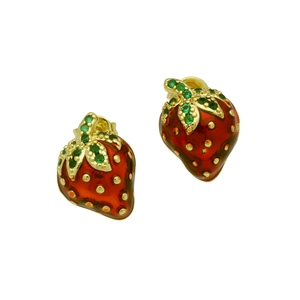 Chic gold-plated strawberry earrings with red enamel and green zircon leaves decoration