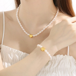 Heart Pendant Imitation Artificial Pearl Necklace And Bracelet Stainless Steel Women Jewelry Elegant Fashion Accessories