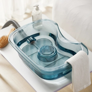Portable blue hair washing basin with drain hose for bedridden patients and elderly