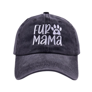 Detail of FUR MAMA white embroidery and heart paw print on washed grey baseball cap