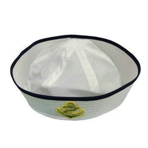 Detail view of white sailor hat with navy trim and yellow anchor embroidery