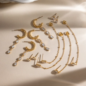 Detailed view of 18K gold plated stainless steel teardrop tassel earrings with zircons