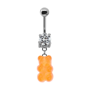 Detail of silver belly button ring with transparent zircon and orange resin bear charm