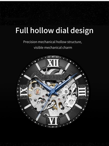 Macro view of full hollow dial showing mechanical gears and blue hands on Roman numeral watch