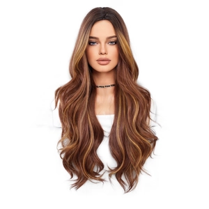 Fashionable long wavy synthetic wig for women with middle part and chestnut blonde highlights