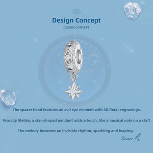 Detailed view of S925 silver Evil Eye bead and North Star pendant with crystals