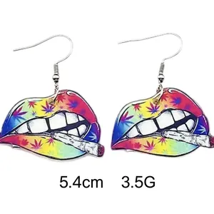 Colorful acrylic lip earrings with rainbow cigarette design and silver hooks