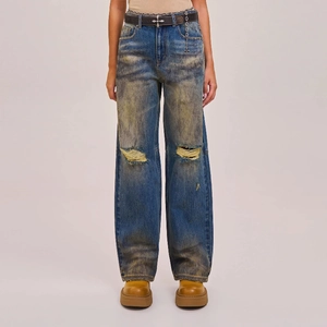 Women Wide Leg Jeans Ripped Distressed Denim Pants Wasteland Mud Wash Vintage Streetwear Straight Loose Fit