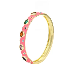 Pink enamel gold-plated cuff bracelet with colorful micro-inlaid zircon stones