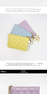 Quilted faux leather coin purse in yellow, blue, and purple with golden zipper detail