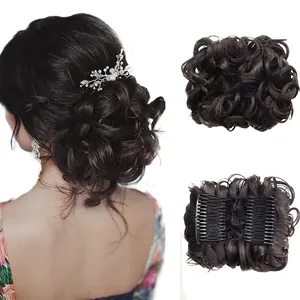 Detail view of curly hair bun extension with dual side combs for secure styling