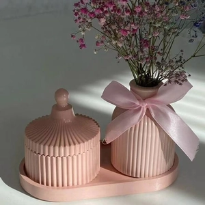 Pink striped resin craft set including a storage jar, small vase, and oval display tray