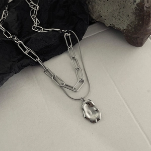 Double-layered titanium steel necklace with paperclip chain and irregular lava pendant
