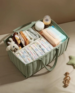 Top view of a green quilted baby diaper organizer showing multiple storage compartments