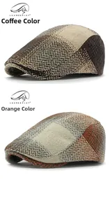 Detail view of coffee and orange herringbone newsboy caps in vintage wool fabric
