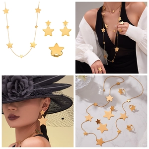 Detail shots of a gold star jewelry set featuring a necklace, earrings, and ring on model