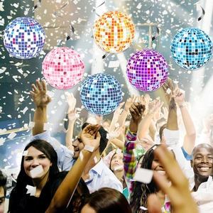 Disco ball party decorations with colorful reflective hanging swirls in festive event scene