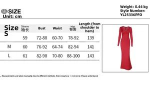 Tableau des tailles détaillé pour robe longue en dentelle avec mesures du buste et hanches
