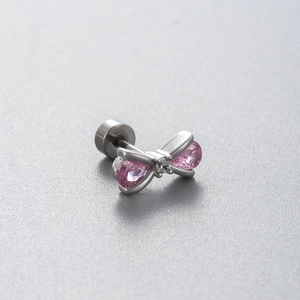 Titanium steel bow stud earring with pink crystals and secure screw back closure