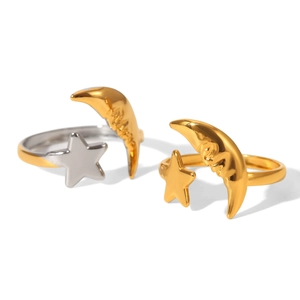 Adjustable 18K gold and silver stainless steel rings with celestial star and moon designs