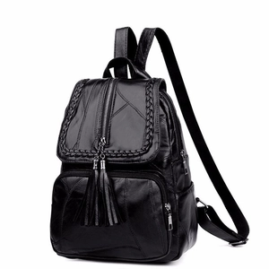 Eleganter Damen-Rucksack aus schwarzem Kunstleder mit Quasten und Web-Details