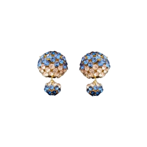 Elegant silver needle double round ball earrings with blue and champagne crystals