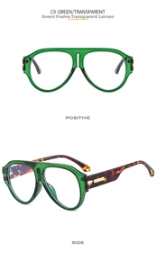 Detail view showing transparent green pilot frame and tortoiseshell temple sunglasses