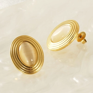 Vintage gold-plated stainless steel oval earrings with cat eye stone inlay for women