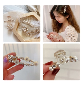 Detailed views of elegant pearl and crystal flower hair clips with gold metal finish