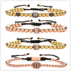 Copper Bead Braided Bracelet With Micro Pave Zircon Disco Ball And Helmet Adjustable Hand-Woven Fashion Jewelry