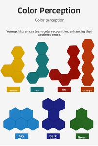 Educational wooden hexagon puzzle showing seven vibrant colors for children's cognitive learning
