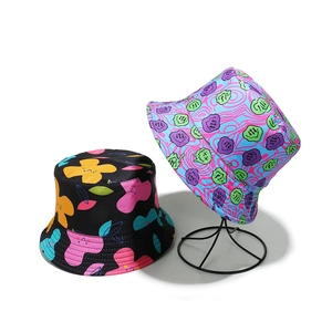 Bucket Hat Polyester Melting Smiley Face Floral Print Colorful Outdoor Sun Protection Hip Hop Streetwear Unisex