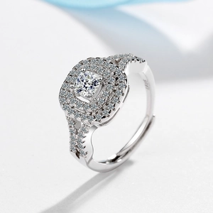 Cushion Cut Double Halo Zirconia Copper Ring Platinum Plated Adjustable Open Finger Ring Fashion Jewelry Accessory For Women