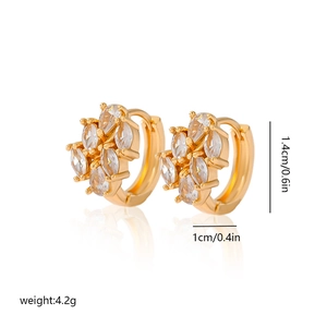 Detail of 14mm gold-plated hoop earrings featuring marquise-cut petal-shaped cubic zirconia