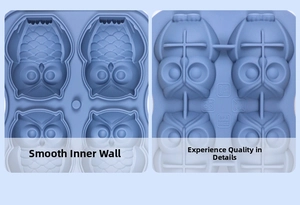 Detail view of BPA-free blue silicone owl ice mold with four smooth cavities