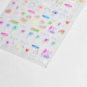 Ultra-thin embossed summer beach nail art stickers with palm trees and surfboard designs