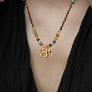 Tiger Eye Beaded Necklace With Copper Rocking Horse Pendant 18K Gold Plated Vintage Jewelry For Women
