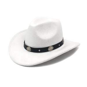 Detail of silver floral conchos and black leather belt on white western cowboy hat