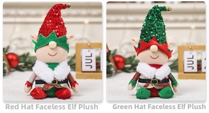 Close-up of Christmas gnomes with sequined hats and bells for festive tabletop decor
